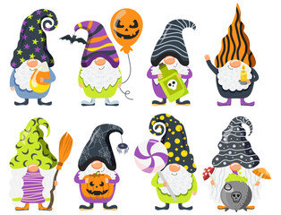 Group of halloween gnomes character illustration for holiday and celebration. Cartoon cute gnome with halloween elements like pumpkin, bat, spider, broom for festive decor.