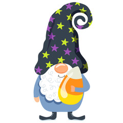 Halloween gnome holding candy corn with star patterned hat isolated on white background
