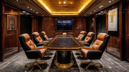 Luxurious conference room with rich dark wood paneling, opulent leather chairs, and a long mahogany table.  Golden accents and art add to the lavish interior