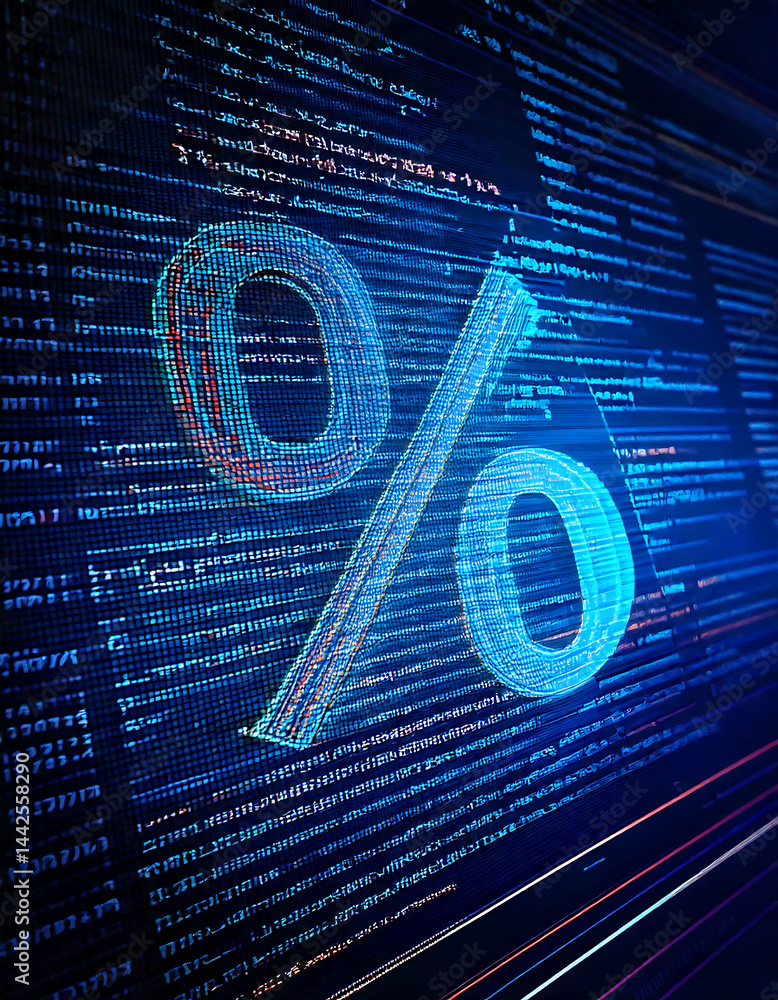 Poster digital percentage sign superimposed on scrolling computer code. represents online deals, technology