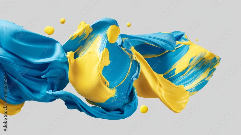Aufkleber Overhead view showcases dynamic swirls and strokes of blue and yellow pigment on stretched fabric, presenting an engaging abstract design with room for text