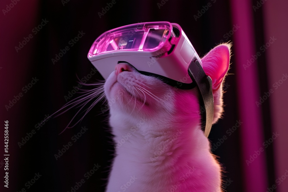 Poster a cat donning a virtual reality headset is staring directly at the camera, a generative ai image
