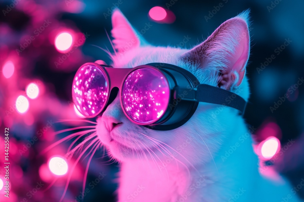 Poster a cat adorned with a virtual reality headset gazes at the camera in this generative ai image