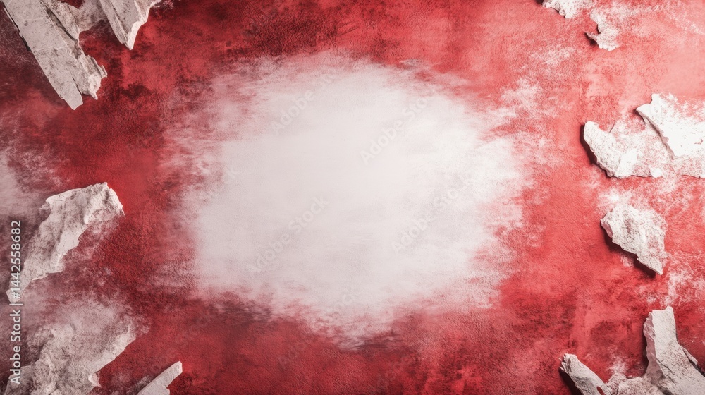 Poster peeling red wall showcases a rough, textured surface with white patches, adding an intriguing aspect