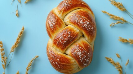A golden loaf of challah bread with intricate braiding on a pale blue background 