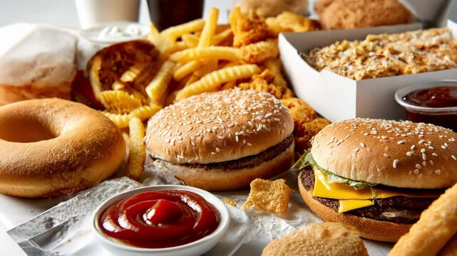 Close-up shot of various fast food items, including burgers and fries.
