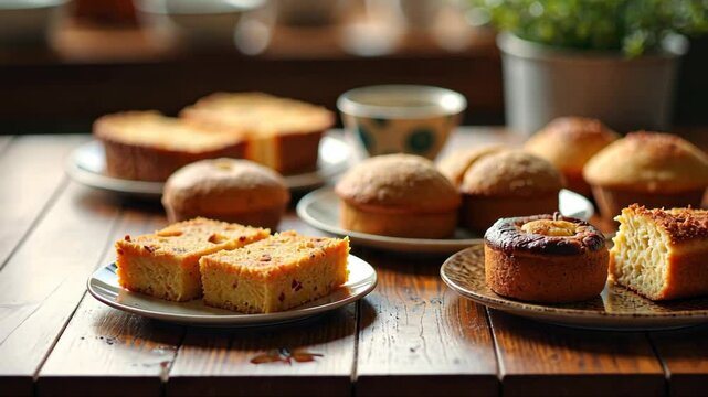 A table with baked goods and desserts, front view, warm lighting, cozy color palette with browns and golds..
