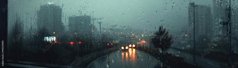 Poster raindrop on a window creating water texture and cityscape pattern concept. rainy night view of a cit