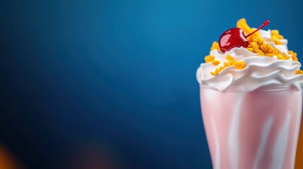 A delicious milkshake is presented in a glass, adorned with whipped cream, a cherry, and colorful sprinkles, creating a tempting treat