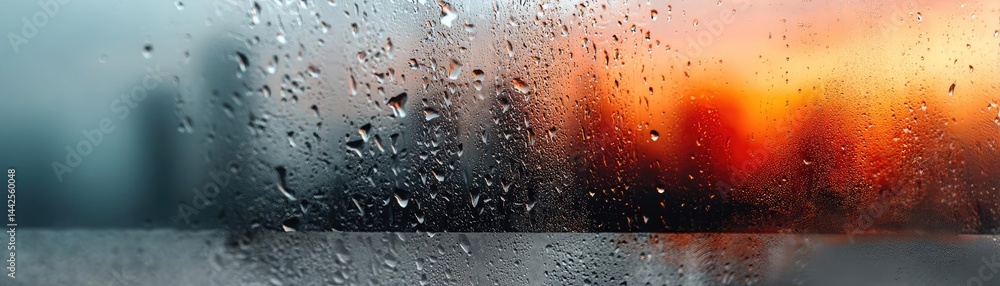 Poster raindrop on a window creating water texture and cityscape pattern concept. a close-up view of raindr