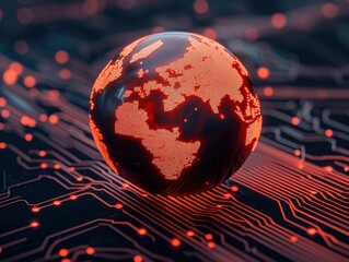 A digital globe with illuminated continents sits on a glowing circuit board, symbolizing global technology and connectivity.