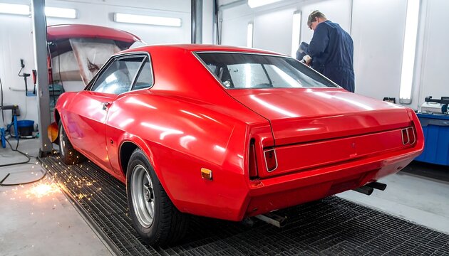 Restoration scene A vibrant red classic car undergoes repairs in an auto body shop, sparks flying as a mechanic works, symbolizing revitalization craftsmanship.