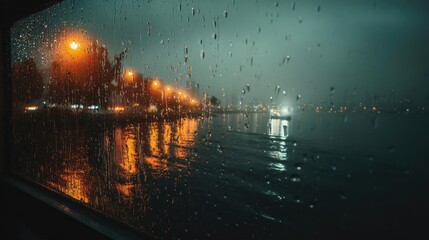 Raindrop on a window capturing landscape, water, and city mood concept. A moody, rainy night with reflections of lights on water.