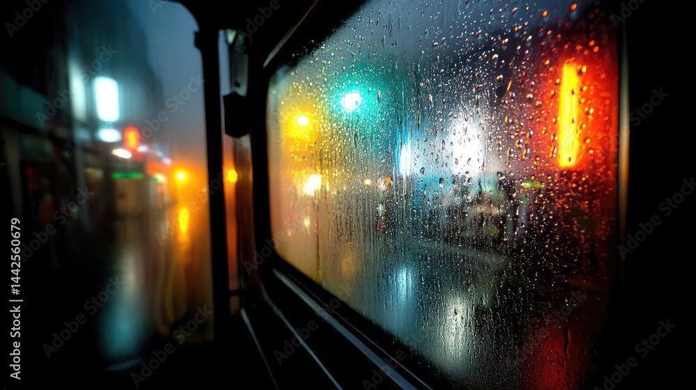 Poster raindrop on a window with cityscape texture and sad atmosphere concept. a rain-soaked window view il