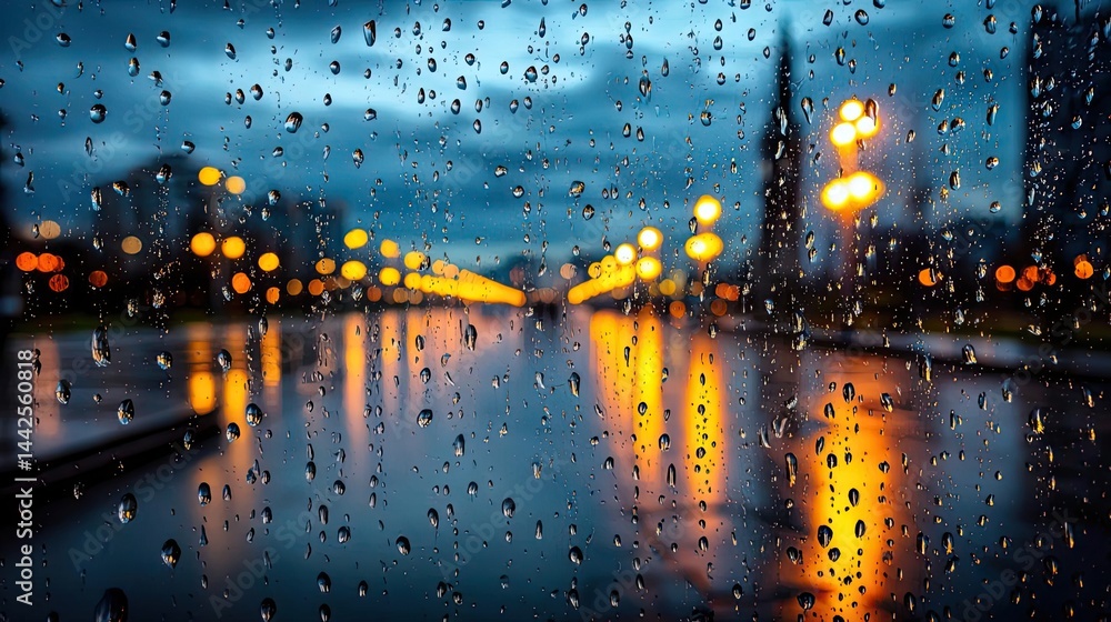 Poster raindrop on a window creating water texture and cityscape pattern concept. a rain-soaked view reveal