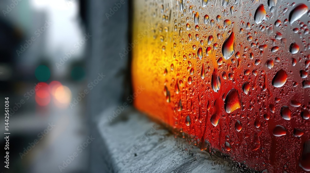 Poster raindrop on a window with cityscape texture and sad atmosphere concept. close-up view of raindrops o