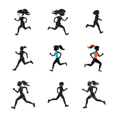 Running Girl Silhouettes Vector Pack – Female Jogger Icons for Fitness Design