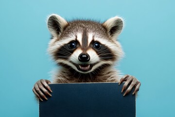 Wild model for product. Zoo-style cute setup. Cute baby animal raccoon hold in front paws a template - large dark black zoo sign. Isolated baby animal on a solid uniform blue background.