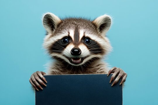 Wild model for product. Zoo-style cute setup. Cute baby animal raccoon hold in front paws a template - large dark black zoo sign. Isolated baby animal on a solid uniform blue background.