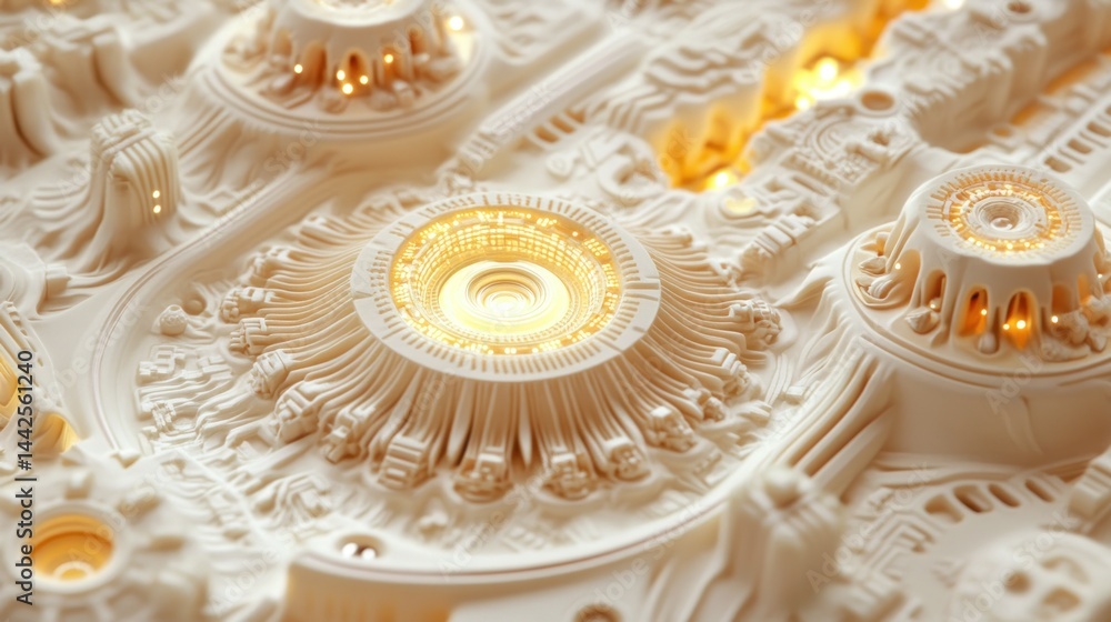 Poster intricate futuristic architectural elements with glowing lights and soft textures