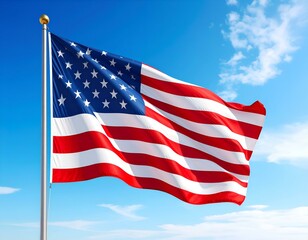 Obraz premium American flag waving proudly against a vibrant blue sky. Perfect for patriotic projects, websites, and social media.