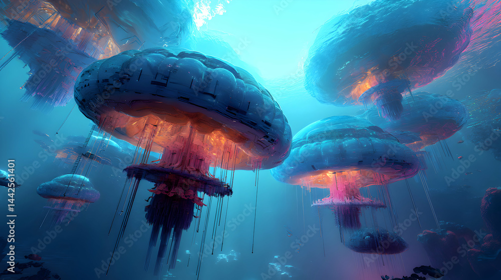 Poster a surreal underwater scene displaying jellyfish with bioluminescent qualities floating in the abyss