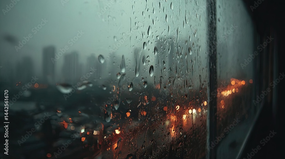 Poster raindrop on a window creating water texture and cityscape pattern concept. raindrops on window with 