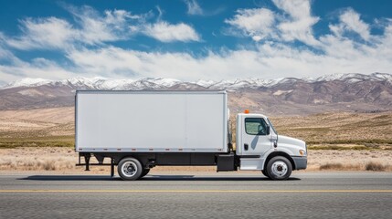 Side profile of a white delivery truck driving along an empty highway, clean cargo area ideal for marketing and branding