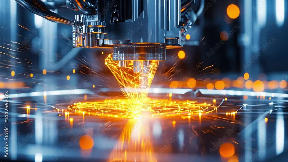Poster futuristic industrial machine with glowing geometric patterns in high-tech environment.
