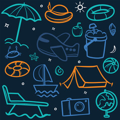 Vector travel icon set illustration features flat design symbols for beach, summer, sea, and vacation elements, Travel Line Icons, Travel Line Editable Icons set, travel doodle hand drawn icon set.
