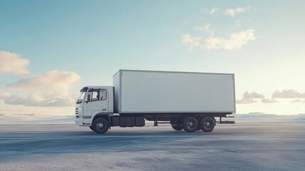 Side shot of a white box truck on an empty road, clean cargo space ready for promotional artwork or billboard design