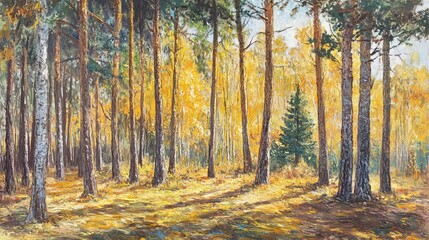 Fototapeta premium Golden autumn forest landscape sunlight trees nature scenery oil art park pine path calm woods birch