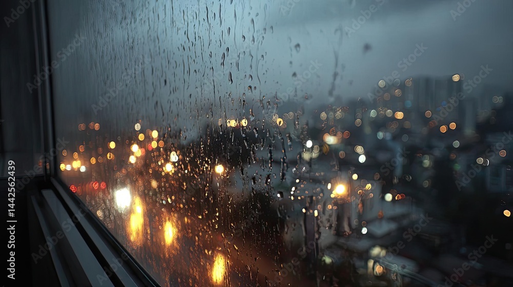 Poster raindrop on a window with cityscape texture and sad atmosphere concept. raindrops on a window with c