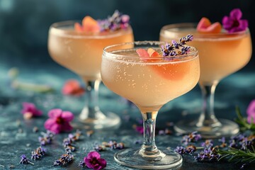 Refreshing cocktails garnished with lavender and peach slices