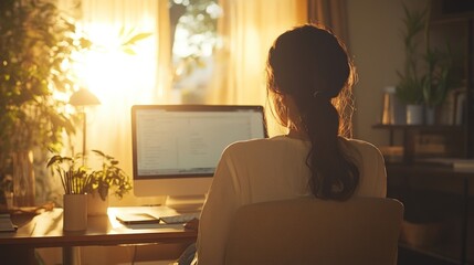 Woman working from home at sunset