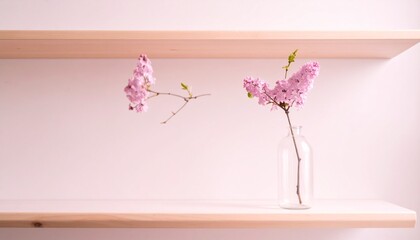 美しい花を飾る、シンプルでミニマルな棚のある部屋