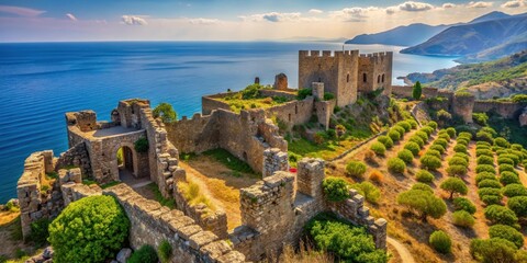 Ancient Greek fortress ruins over the Mediterranean Sea with a narrow channel in the foreground, stone walls and towers covered in vines and moss , Old Castle, Sea