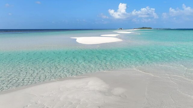 Aerial view with Tropical sandbar in maldives paradise and blue sea. Maldivian sandbank in Indian ocean