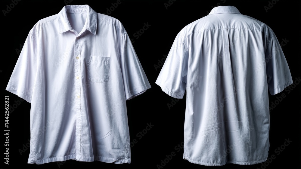 Poster a plain white collared shirt with short sleeves is displayed on a black background. both front and b