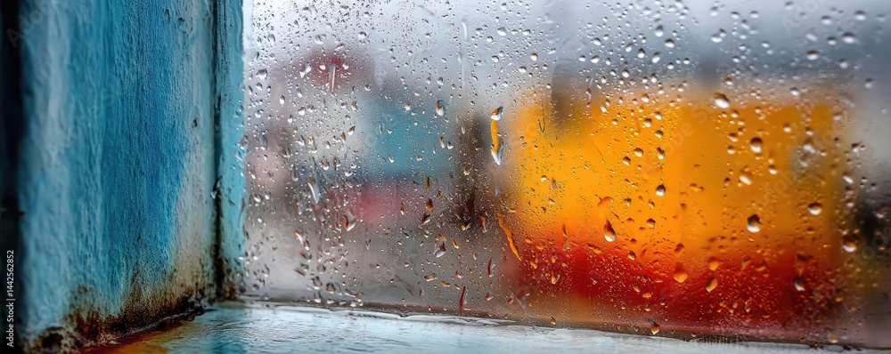 Poster raindrop on a window creating water texture and cityscape pattern concept. a rainy day view through 