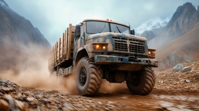 Powerful military truck driving on a rocky mountain road