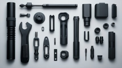 Several black metal tools and parts arranged symmetrically on a surface