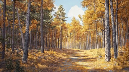 Fototapeta premium Golden autumn forest path sunlight trees nature landscape day fall view park road calm woods image