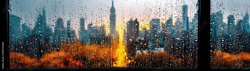 Poster raindrop on a window creating water texture and cityscape pattern concept. city skyline through a ra
