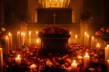Solemn memorial service: urn covered in rose petals, candles, church