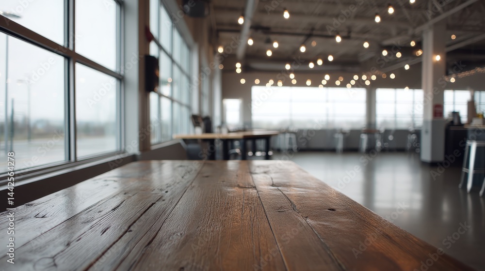 Aufkleber Top-down view of a rustic wood table, softly illuminated by distant bistro lights, creating an inviting atmosphere perfect for casual gatherings or meals