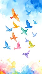 Vibrant watercolor birds gliding in a bright clear sky embracing freedom and dreams