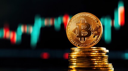 Golden Bitcoin coin is placed on top of stacks, with fluctuating cryptocurrency market trends visible behind during trading hours