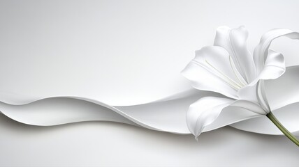 Elegant White Lily with Flowing Ribbon, Minimalist Background lily white flower floral bloom blossom