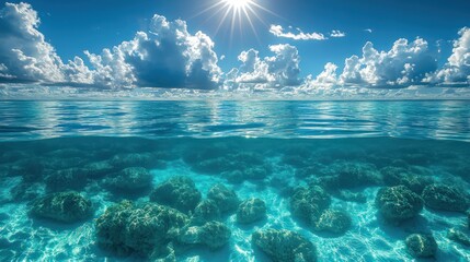 Fototapeta premium A breathtaking underwater view of a vibrant coral reef and turquoise waters under a vast, sunny sky.